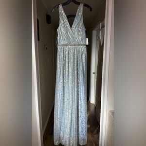 Metallic Blue Foil A-Line Dress with Gold Foil